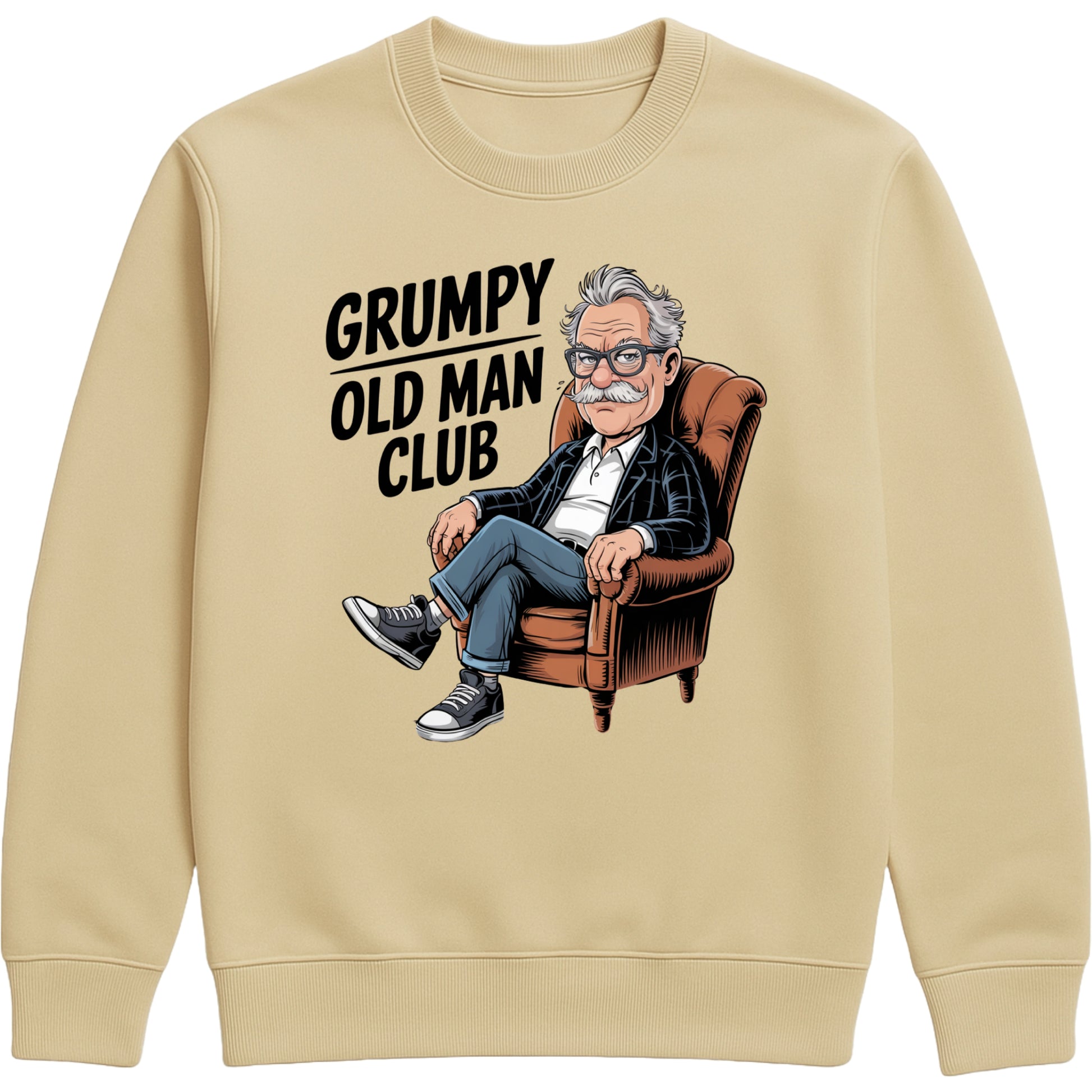 Grumpy Old Man Club sweatshirt desert dust colour featuring a bold, humorous graphic of a cartoon grandpa sitting in an armchair with a grumpy expression. The design includes playful text and vintage-inspired artwork printed on a soft, cozy crewneck sweatshirt.