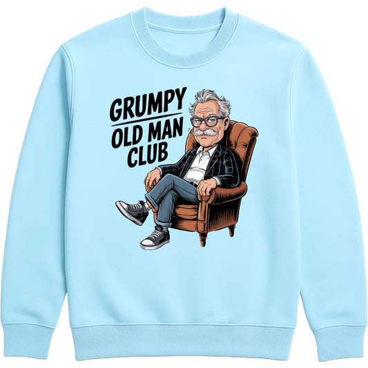 Grumpy Old Man Club sweatshirt sky blue colour featuring a bold, humorous graphic of a cartoon grandpa sitting in an armchair with a grumpy expression. The design includes playful text and vintage-inspired artwork printed on a soft, cozy crewneck sweatshirt.
