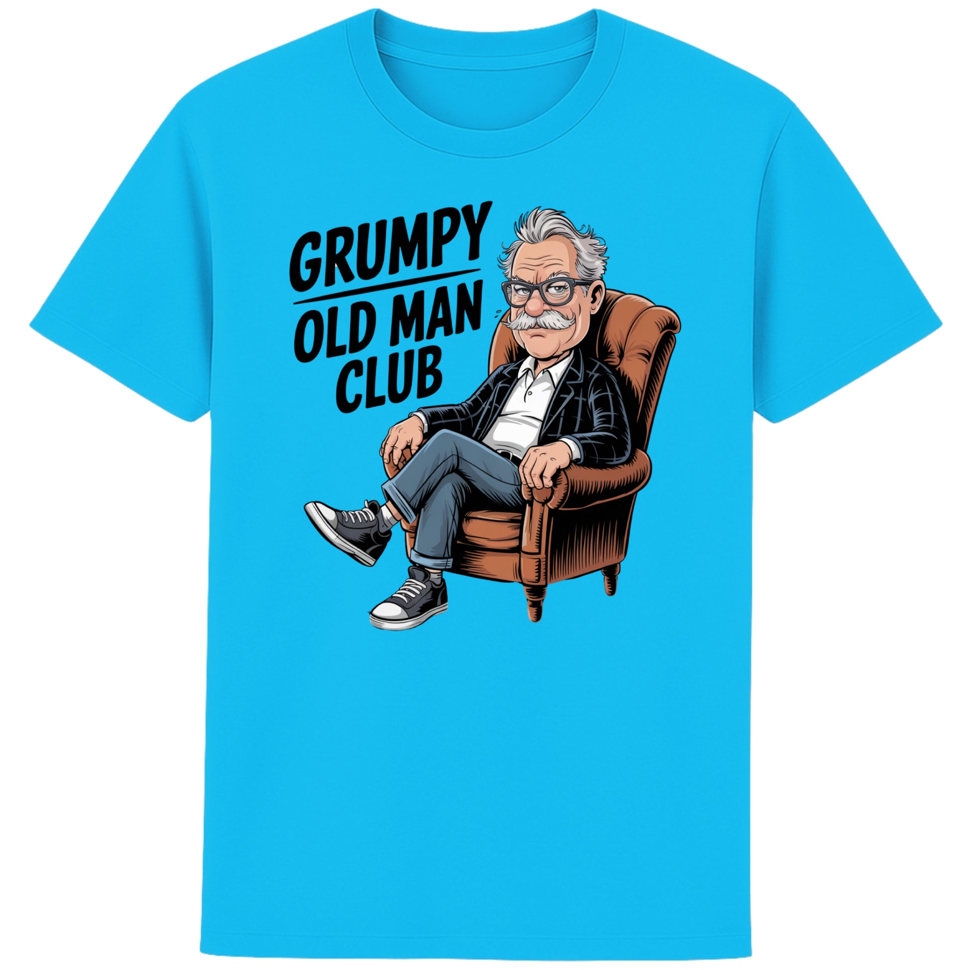 Aqua blue Funny Grumpy Old Man Club t-shirt featuring a cartoon grumpy old man sitting in a chair with the slogan "Grumpy Old Man Club". A humorous old man gift, retirement gift, funny dad gift, and grandad gift.