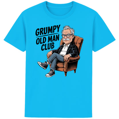Aqua blue Funny Grumpy Old Man Club t-shirt featuring a cartoon grumpy old man sitting in a chair with the slogan "Grumpy Old Man Club". A humorous old man gift, retirement gift, funny dad gift, and grandad gift.