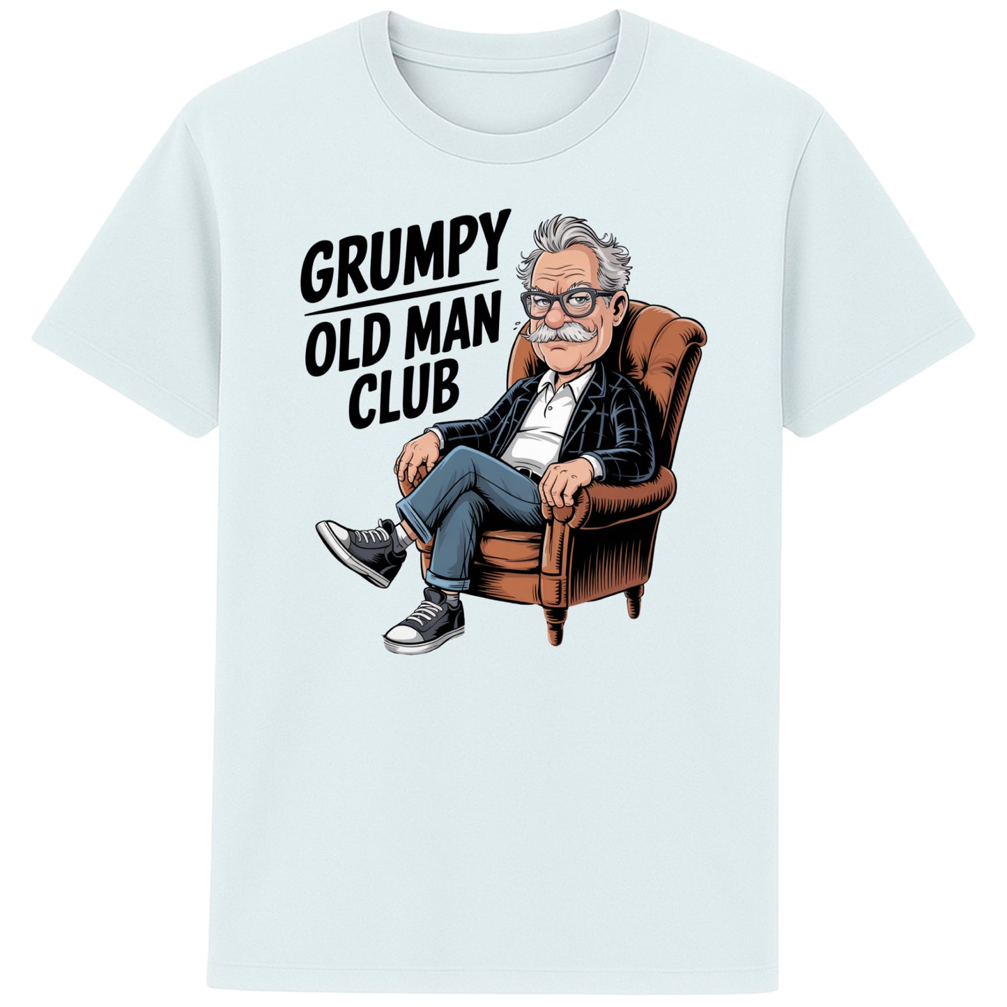 Blue ice colour Funny Grumpy Old Man Club t-shirt featuring a cartoon grumpy old man sitting in a chair with the slogan "Grumpy Old Man Club". A humorous old man gift, retirement gift, funny dad gift, and grandad gift.