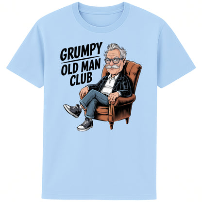 Blue soul colour Funny Grumpy Old Man Club t-shirt featuring a cartoon grumpy old man sitting in a chair with the slogan "Grumpy Old Man Club". A humorous old man gift, retirement gift, funny dad gift, and grandad gift.