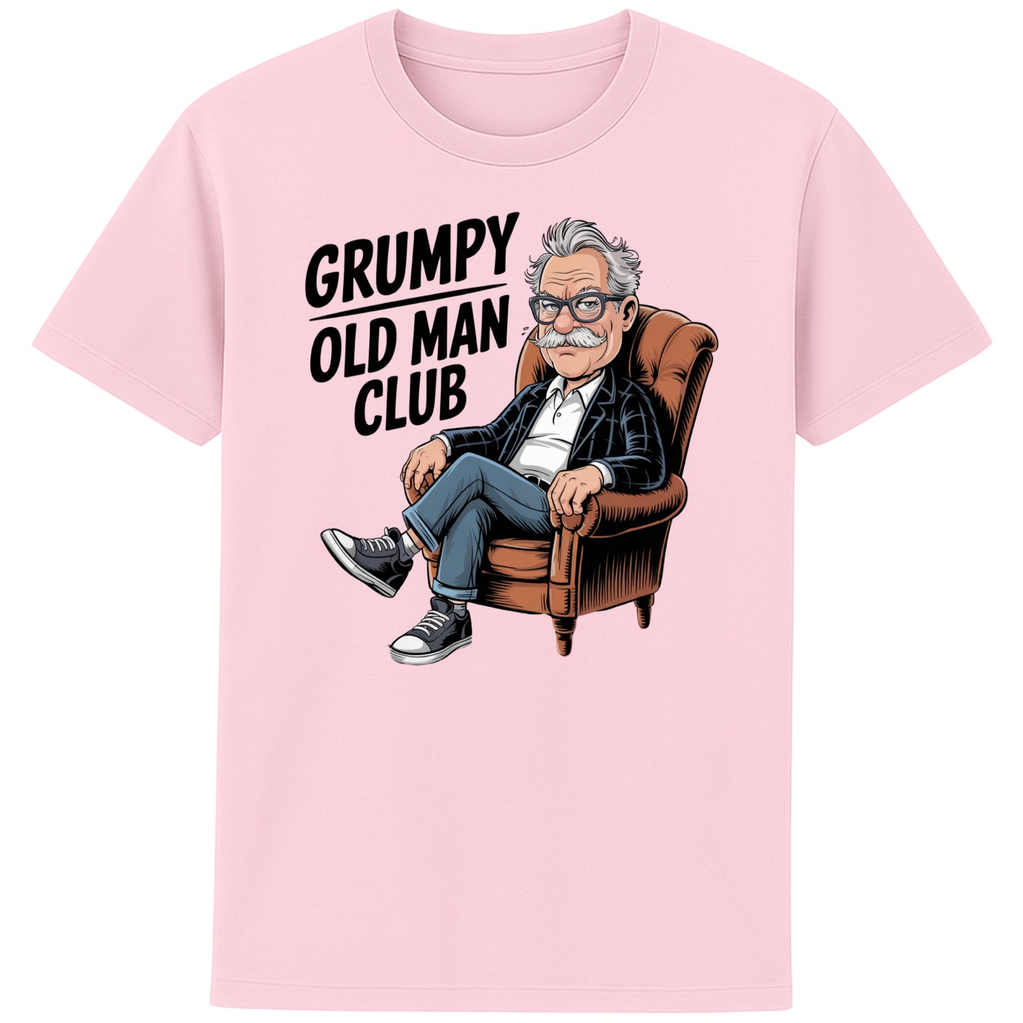 Cotton pink Funny Grumpy Old Man Club t-shirt featuring a cartoon grumpy old man sitting in a chair with the slogan "Grumpy Old Man Club". A humorous old man gift, retirement gift, funny dad gift, and grandad gift.
