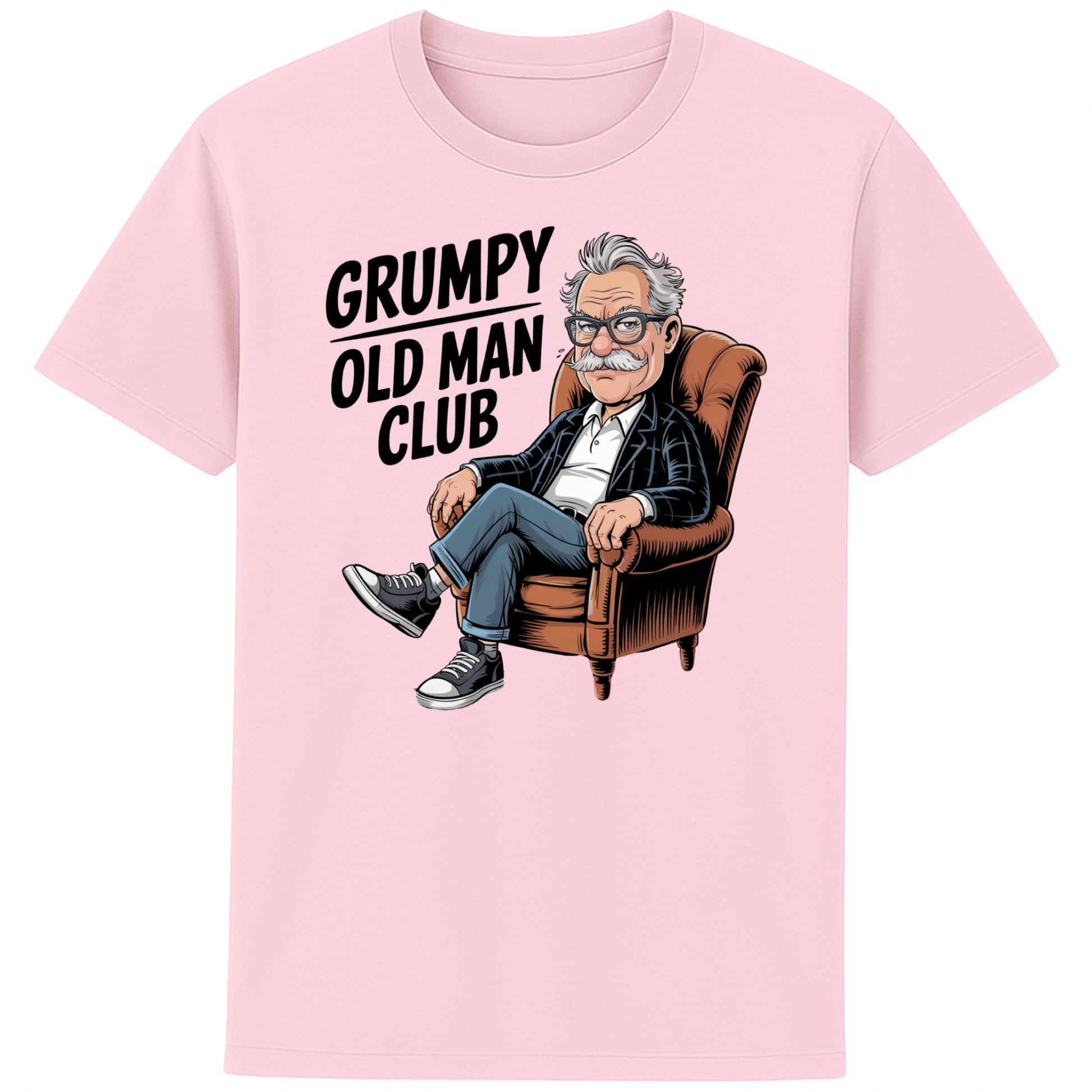 Cotton pink Funny Grumpy Old Man Club t-shirt featuring a cartoon grumpy old man sitting in a chair with the slogan "Grumpy Old Man Club". A humorous old man gift, retirement gift, funny dad gift, and grandad gift.