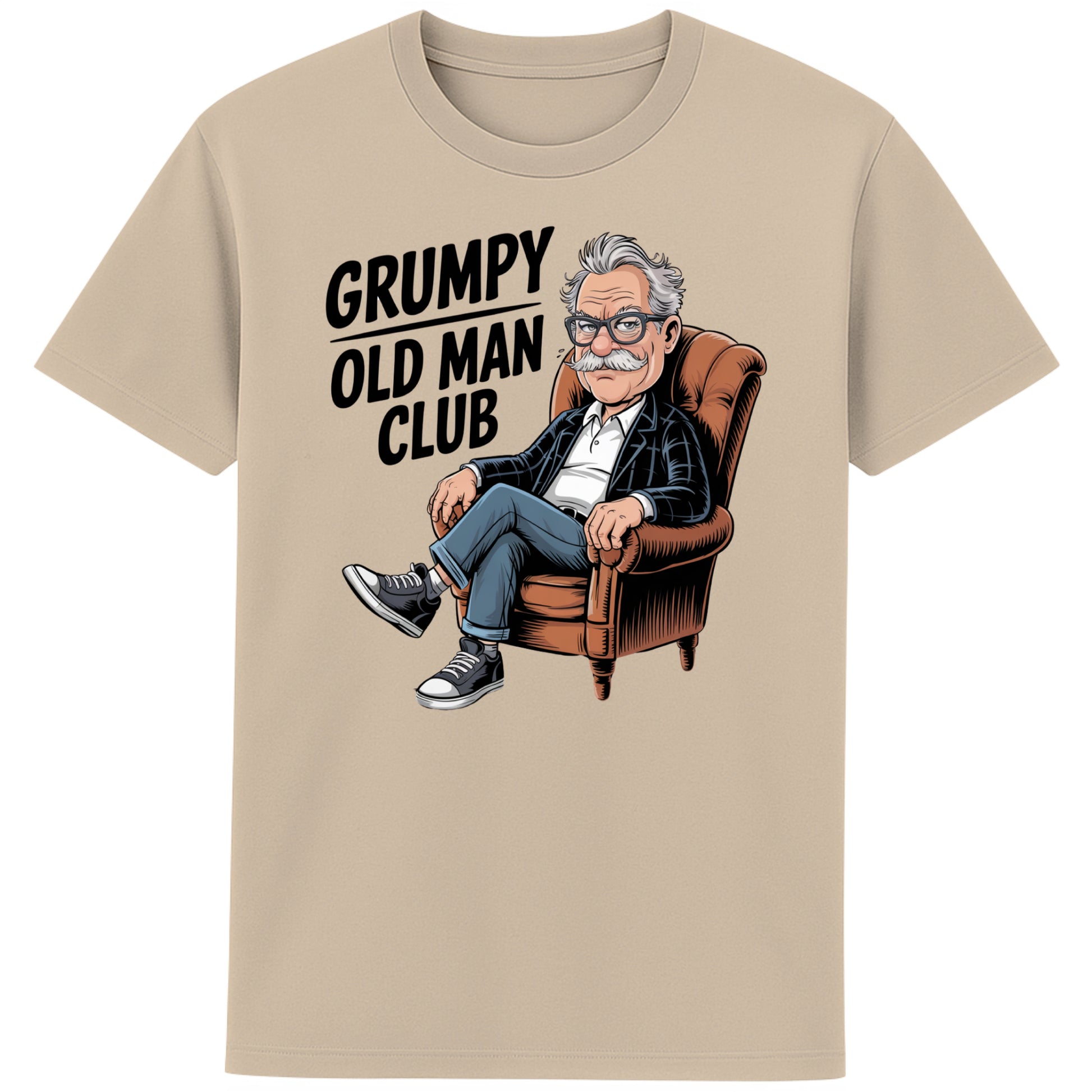 Desert dust colour Funny Grumpy Old Man Club t-shirt featuring a cartoon grumpy old man sitting in a chair with the slogan "Grumpy Old Man Club". A humorous old man gift, retirement gift, funny dad gift, and grandad gift.