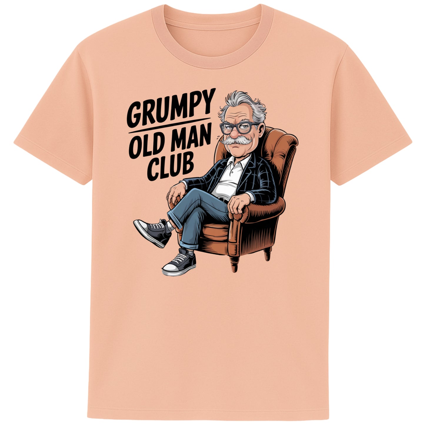 Fraiche peche colour Funny Grumpy Old Man Club t-shirt featuring a cartoon grumpy old man sitting in a chair with the slogan "Grumpy Old Man Club". A humorous old man gift, retirement gift, funny dad gift, and grandad gift.