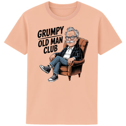 Fraiche peche colour Funny Grumpy Old Man Club t-shirt featuring a cartoon grumpy old man sitting in a chair with the slogan "Grumpy Old Man Club". A humorous old man gift, retirement gift, funny dad gift, and grandad gift.