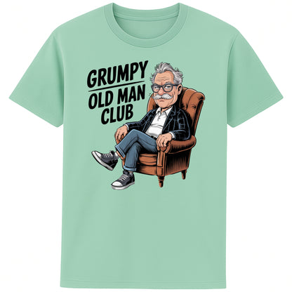 Misty jade colour Funny Grumpy Old Man Club t-shirt featuring a cartoon grumpy old man sitting in a chair with the slogan "Grumpy Old Man Club". A humorous old man gift, retirement gift, funny dad gift, and grandad gift.