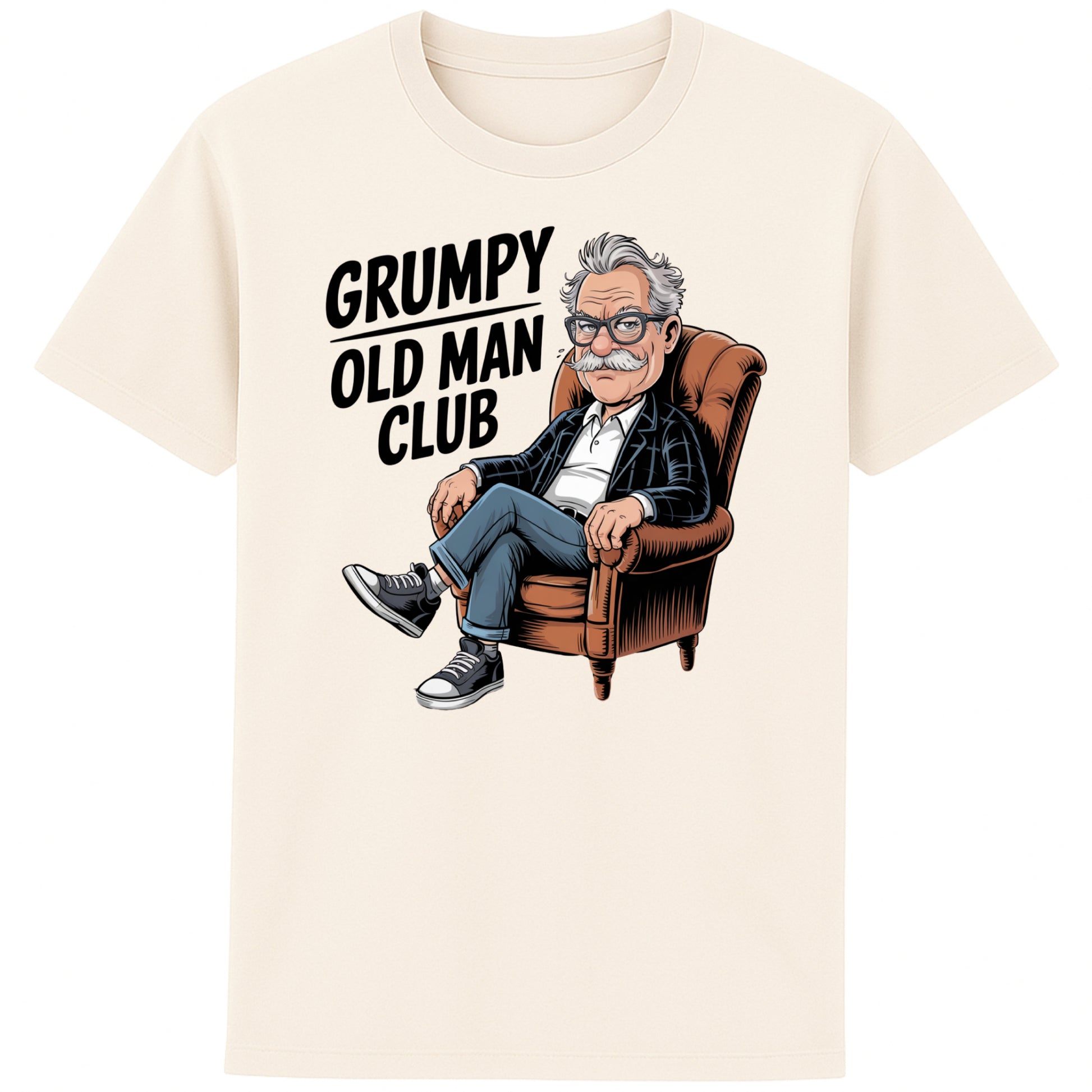 naturel colour Funny Grumpy Old Man Club t-shirt featuring a cartoon grumpy old man sitting in a chair with the slogan "Grumpy Old Man Club". A humorous old man gift, retirement gift, funny dad gift, and grandad gift.