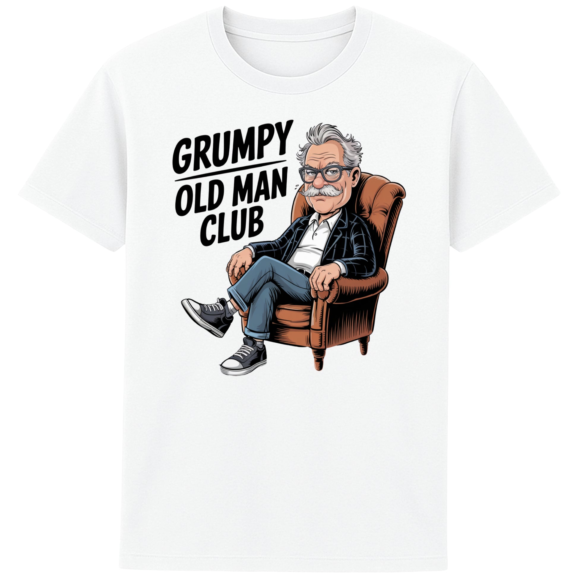 White Funny Grumpy Old Man Club t-shirt featuring a cartoon grumpy old man sitting in a chair with the slogan "Grumpy Old Man Club". A humorous old man gift, retirement gift, funny dad gift, and grandad gift.