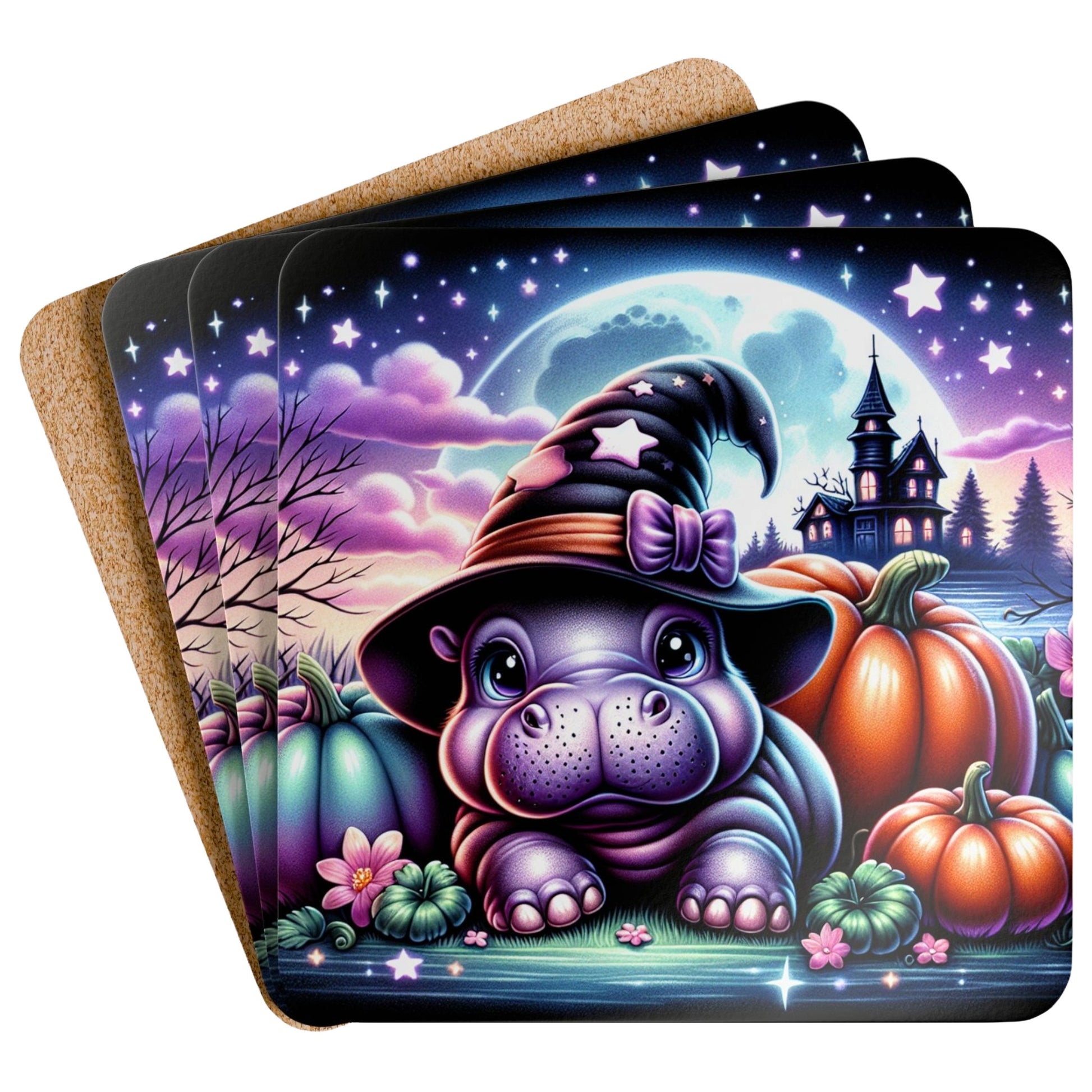 Cute Halloween hippo witch coaster set featuring an adorable baby hippo in a witch hat surrounded by pumpkins, moonlight, stars, and a spooky Halloween scene