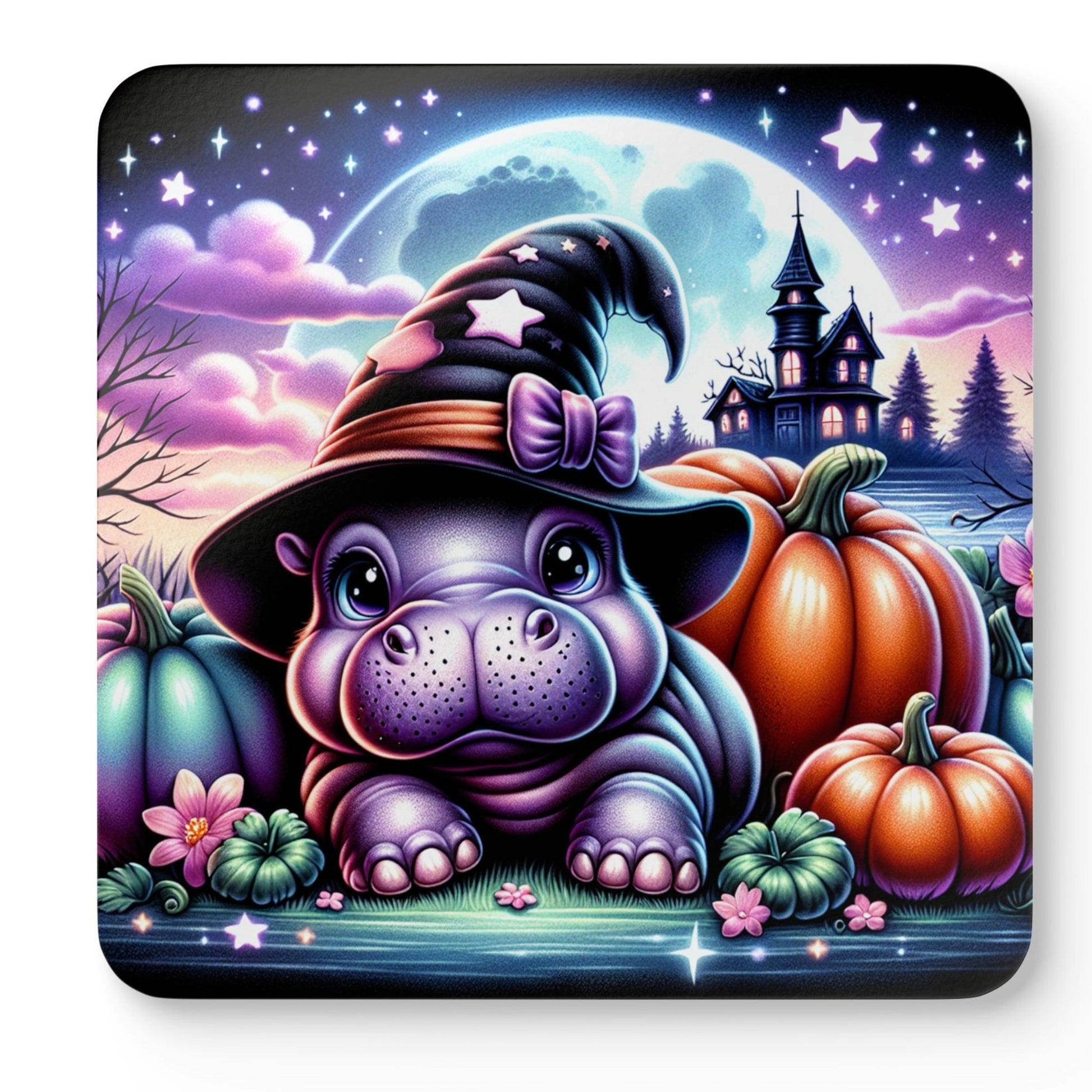Cute Halloween hippo witch coaster featuring an adorable baby hippo in a witch hat surrounded by pumpkins, moonlight, stars, and a spooky Halloween scene