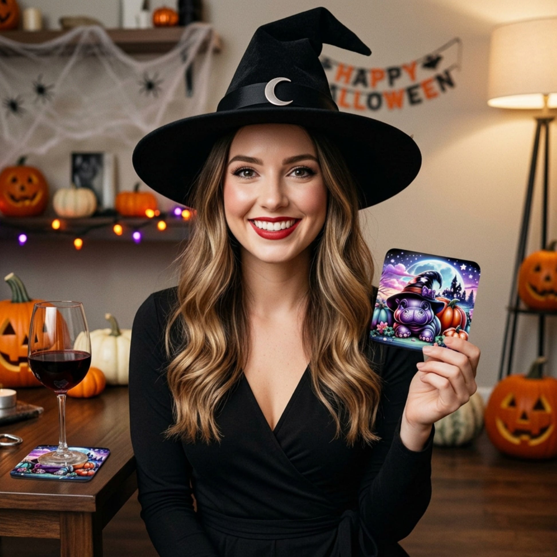 Woman dressed as a witch holding a Halloween Hippo Witch Coaster Set in a festive Halloween-themed room decorated with pumpkins, spooky lights, and seasonal decorations.