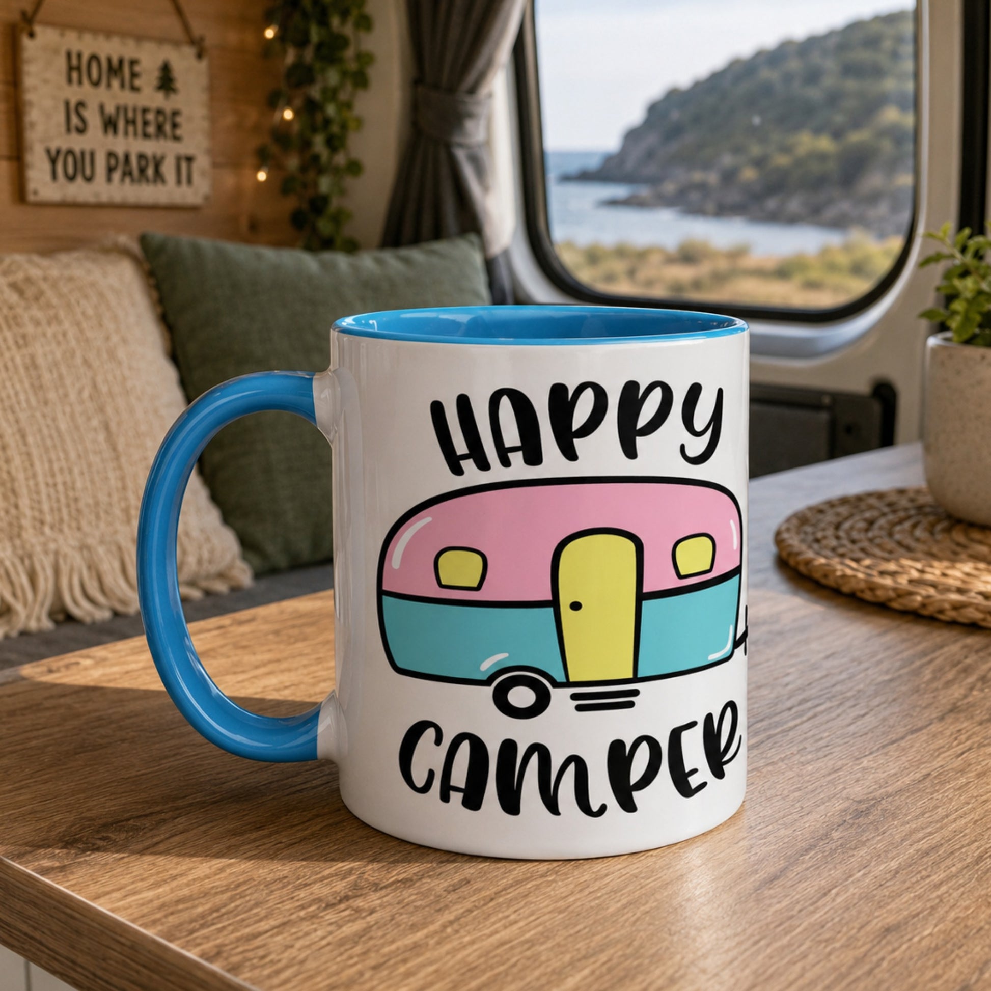 Happy Camper colour mug with a pastel campervan design displayed on a wooden table inside a cosy campervan, overlooking a scenic coastal view. Perfect camping coffee mug for caravan, campervan and RV lovers.
