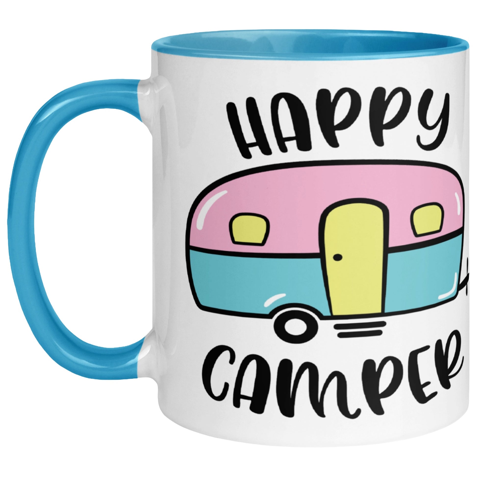 Happy Camper colour mug with a blue handle and rim and pastel campervan illustration and colourful design, perfect for camping, caravan, campervan and RV lovers who enjoy coffee, tea and outdoor adventures.