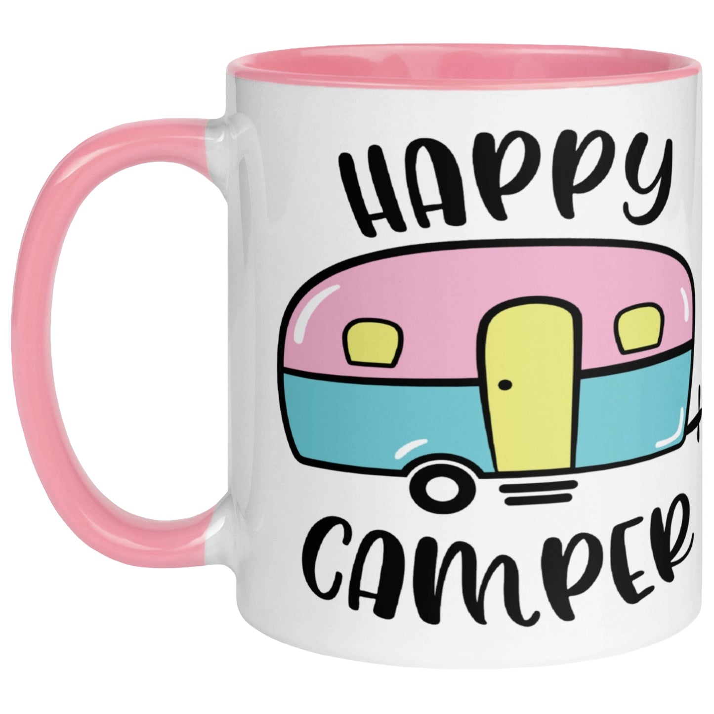 Happy Camper colour mug with a  pink handle and rim and pastel campervan illustration and colourful design, perfect for camping, caravan, campervan and RV lovers who enjoy coffee, tea and outdoor adventures.