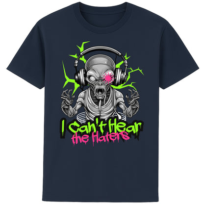 French navy t-shirt featuring a neon green alien wearing headphones with the phrase "I Can't Hear The Haters", funny alien graphic tee with bold streetwear-inspired artwork.