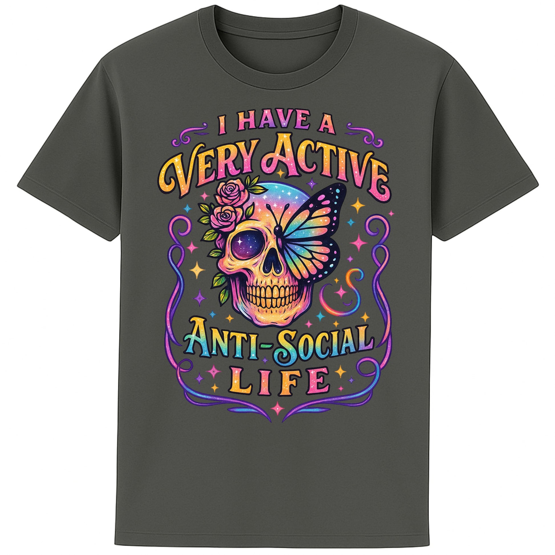 Anthracite colour graphic t-shirt with a glowing neon skull crowned in roses and a butterfly, paired with the bold phrase “I Have a Very Active Anti-Social Life.” Perfect mix of gothic and psychedelic vibes.