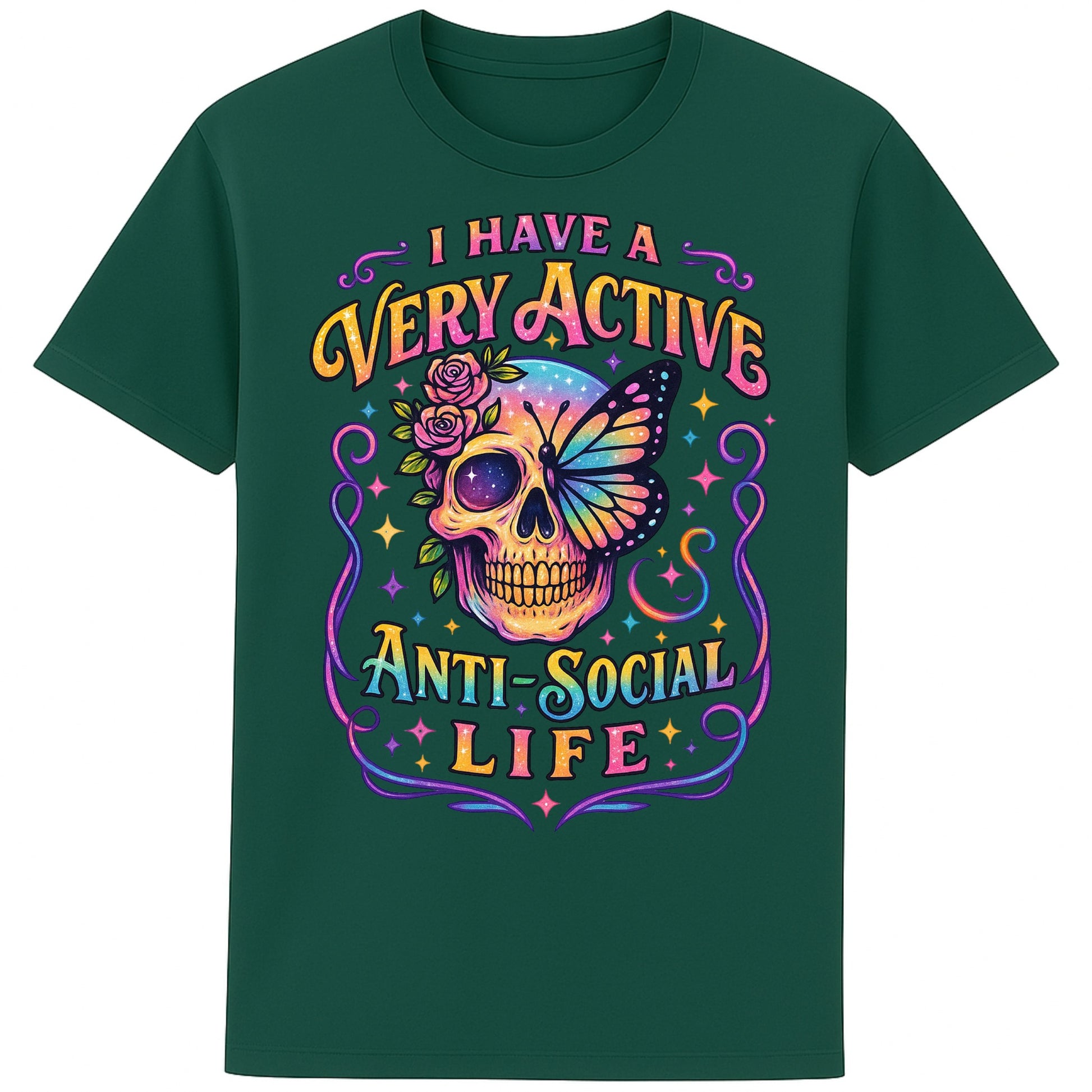 Glazed Green graphic t-shirt with a glowing neon skull crowned in roses and a butterfly, paired with the bold phrase “I Have a Very Active Anti-Social Life.” Perfect mix of gothic and psychedelic vibes.