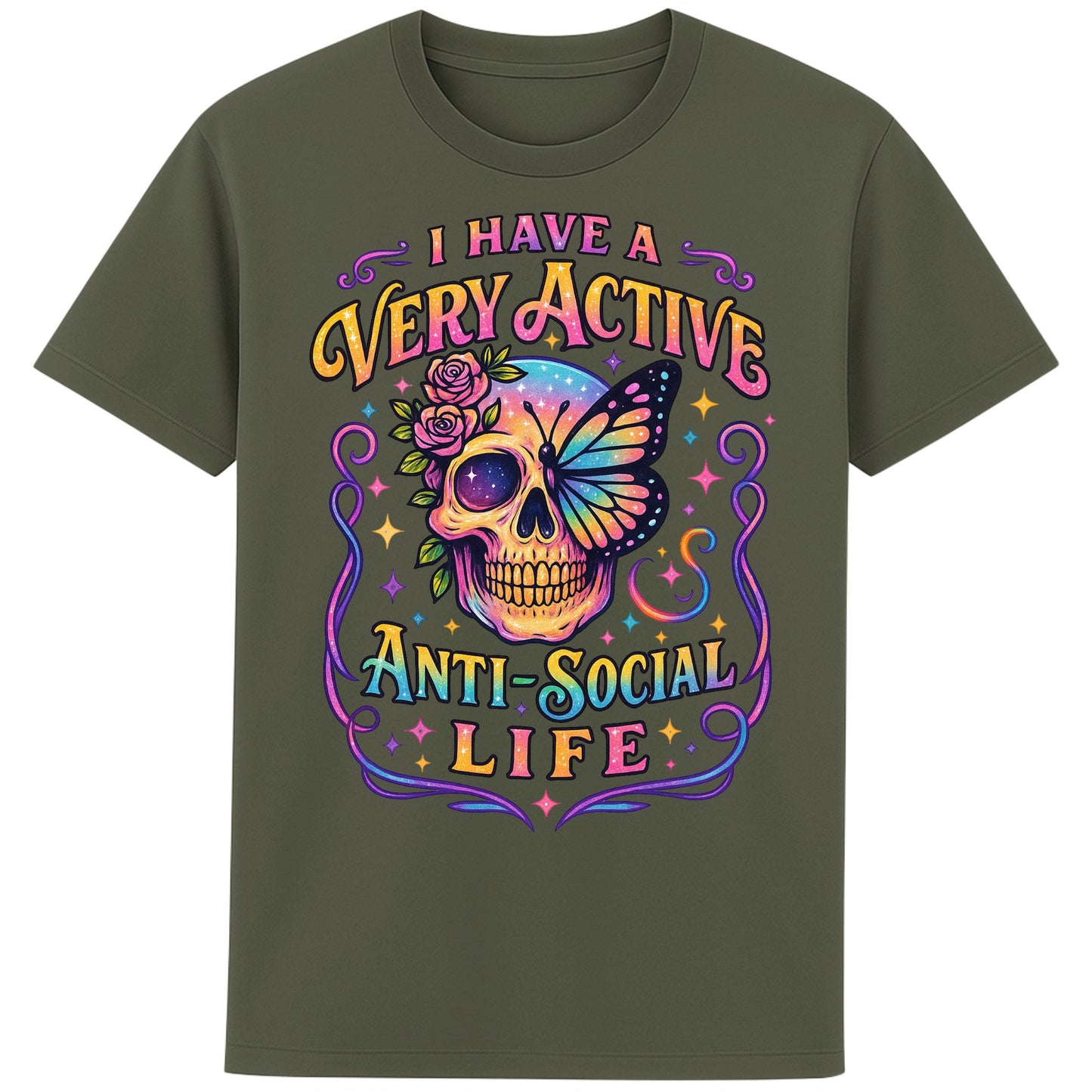 Khaki graphic t-shirt with a glowing neon skull crowned in roses and a butterfly, paired with the bold phrase “I Have a Very Active Anti-Social Life.” Perfect mix of gothic and psychedelic vibes.