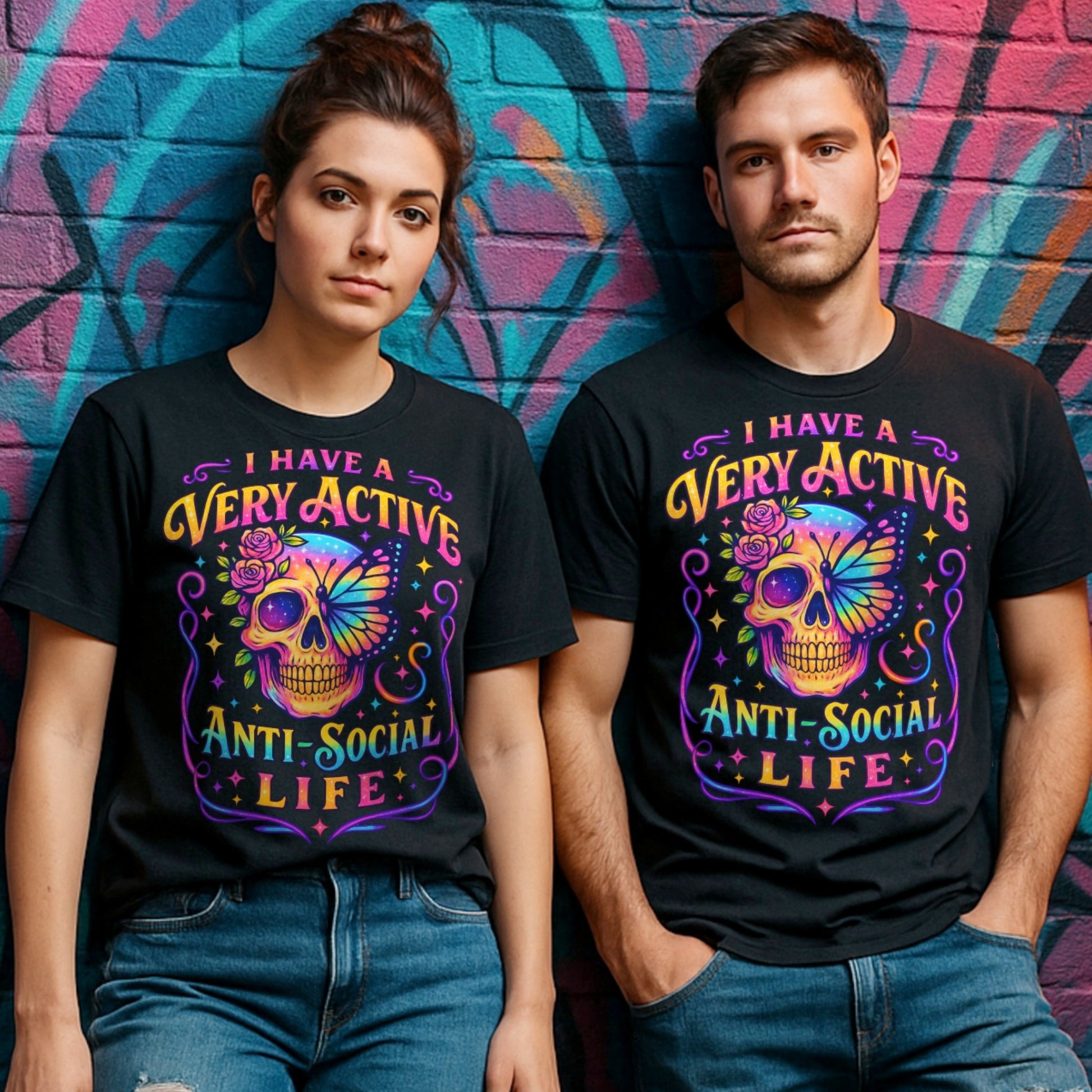 Two people wearing black t-shirts with colorful skull designs and text against a graffiti-covered wall.