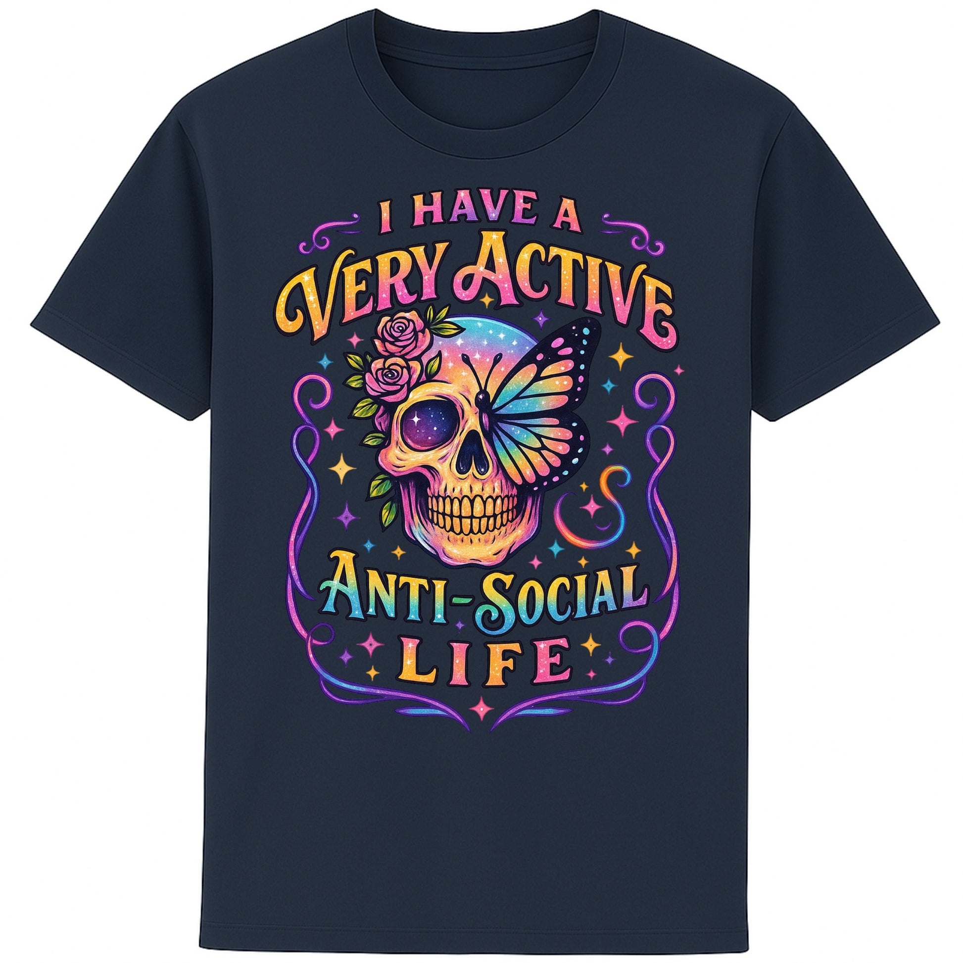 Navy graphic t-shirt with a glowing neon skull crowned in roses and a butterfly, paired with the bold phrase “I Have a Very Active Anti-Social Life.” Perfect mix of gothic and psychedelic vibes.
