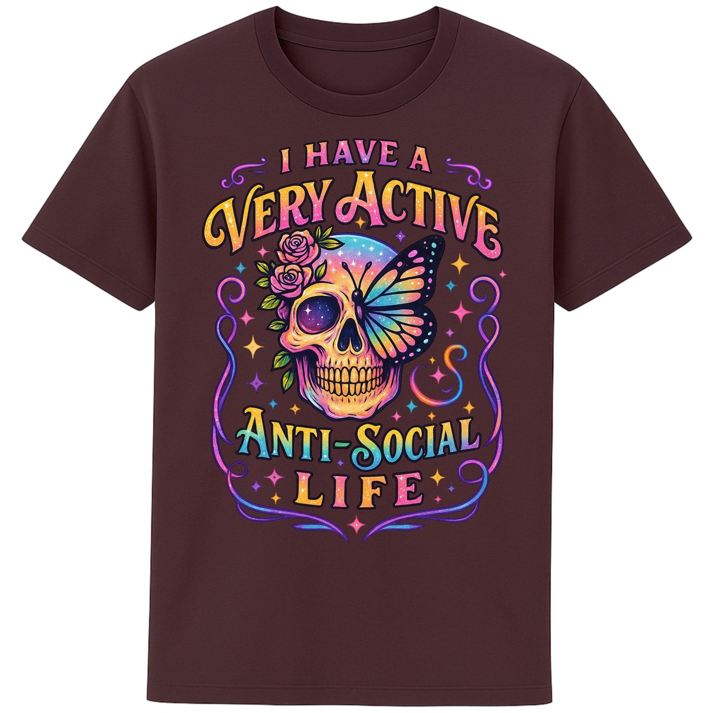Red Brown graphic t-shirt with a glowing neon skull crowned in roses and a butterfly, paired with the bold phrase “I Have a Very Active Anti-Social Life.” Perfect mix of gothic and psychedelic vibes.