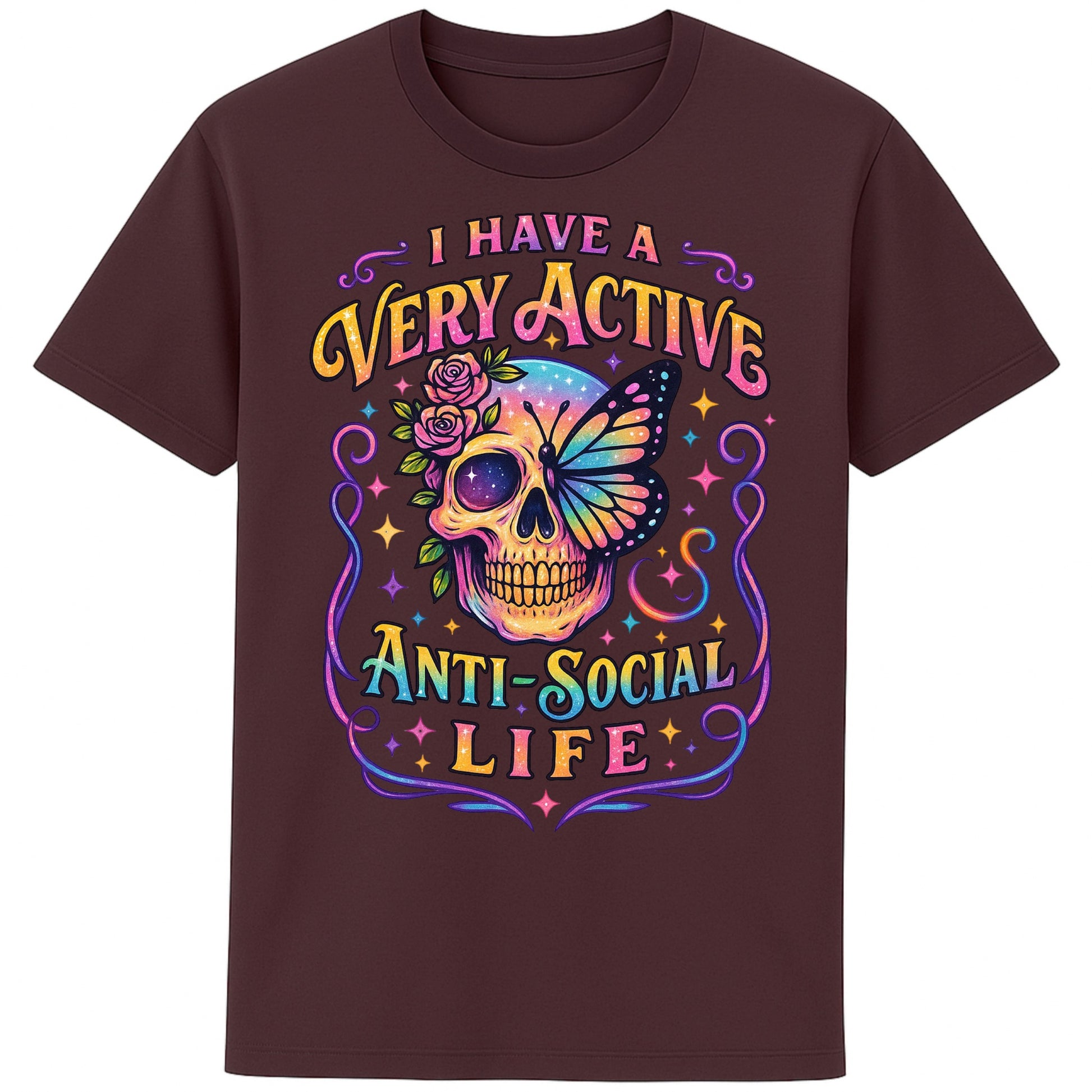 Red Brown graphic t-shirt with a glowing neon skull crowned in roses and a butterfly, paired with the bold phrase “I Have a Very Active Anti-Social Life.” Perfect mix of gothic and psychedelic vibes.