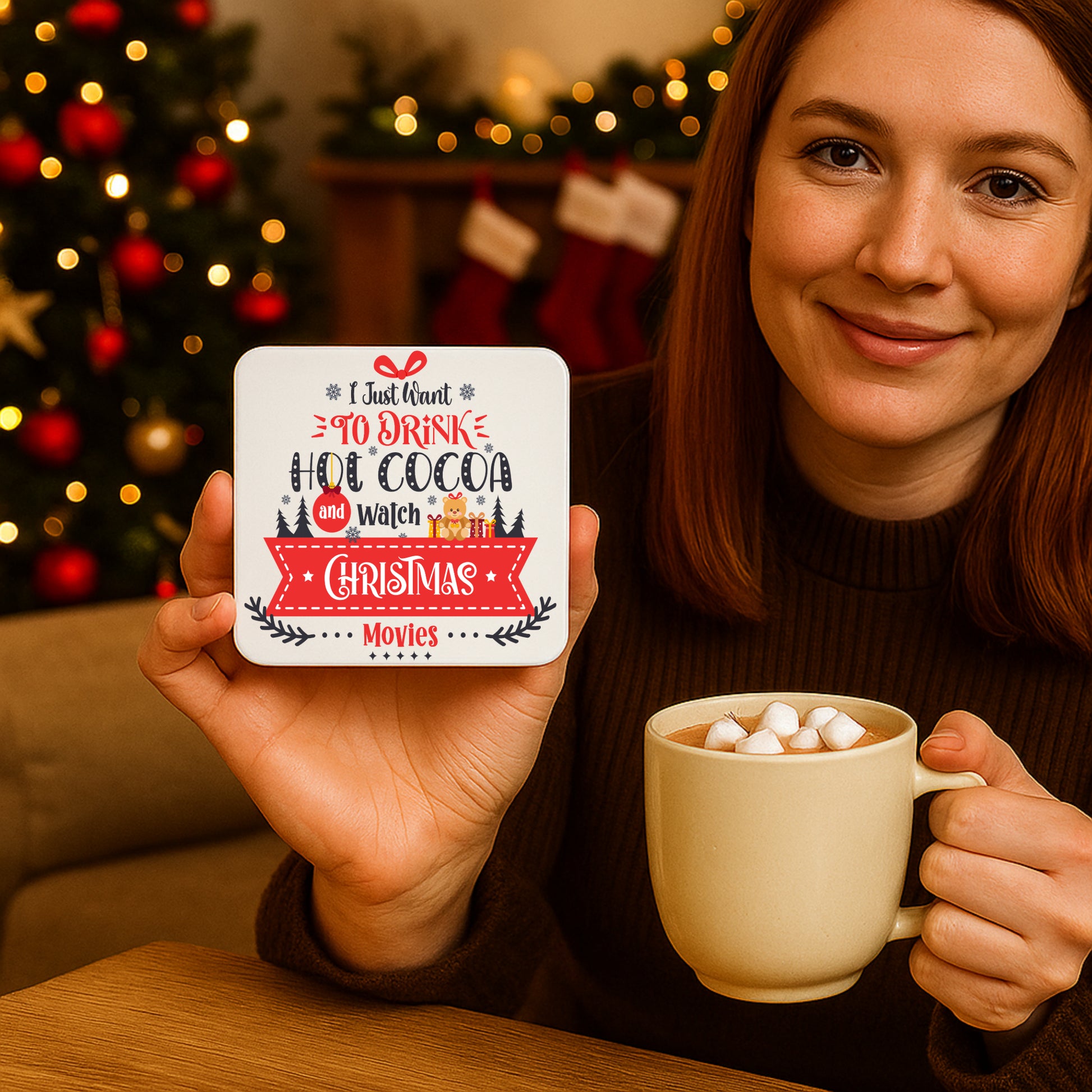 A woman holding a festive coaster with the phrase "I Just Want to Drink Hot Cocoa and Watch Christmas Movies" featuring holiday graphics like a teddy bear and snowflakes.