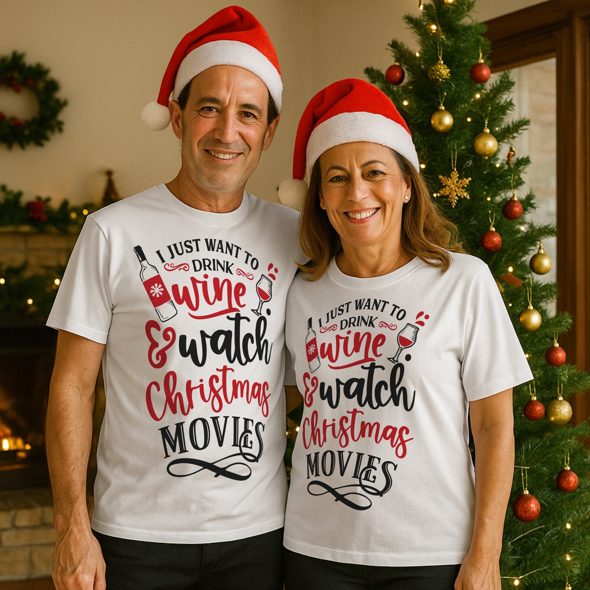 Two people wearing white t-shirts Funny Christmas t-shirt gift for wine lovers—red and black festive lettering with a wine bottle and glass graphic, styled for holiday lounging.