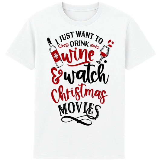 Funny white Christmas t-shirt gift for wine lovers—red and black festive lettering with a wine bottle and glass graphic, styled for holiday lounging.