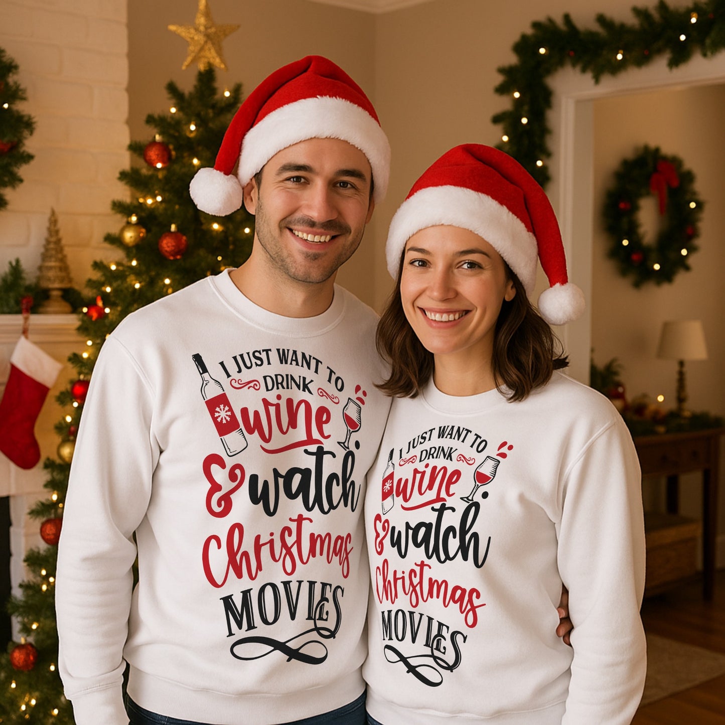 Smiling couple wearing matching I Just Want To Drink Wine & Watch Christmas Movies sweatshirts in front of a decorated Christmas tree, perfect for festive movie nights, cosy holiday evenings, and wine lovers.