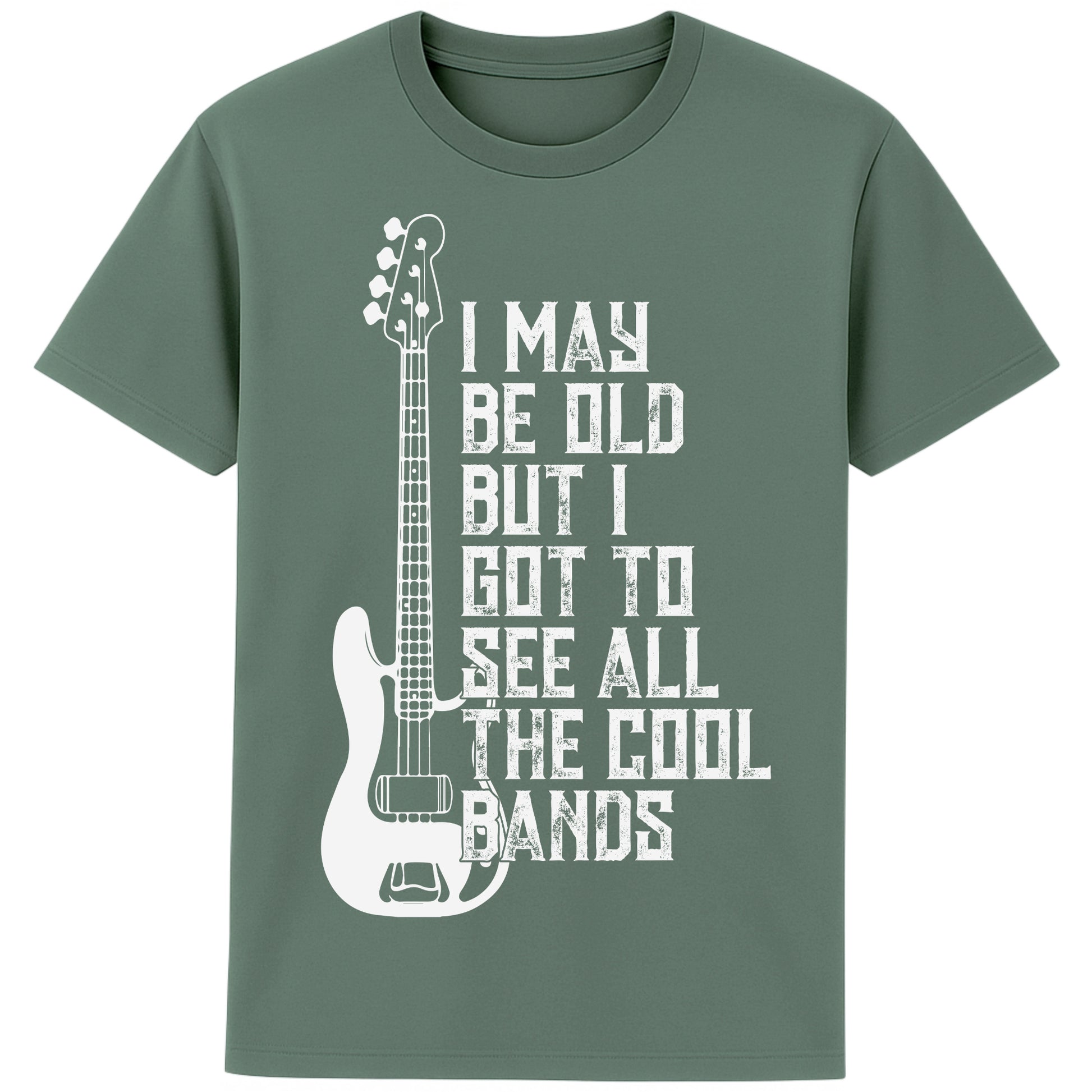 A green bay  colour unisex t-shirt featuring distressed text "I May Be Old But I Saw All the Cool Bands" with a vintage electric bass guitar graphic, perfect for music lovers and retro style fans