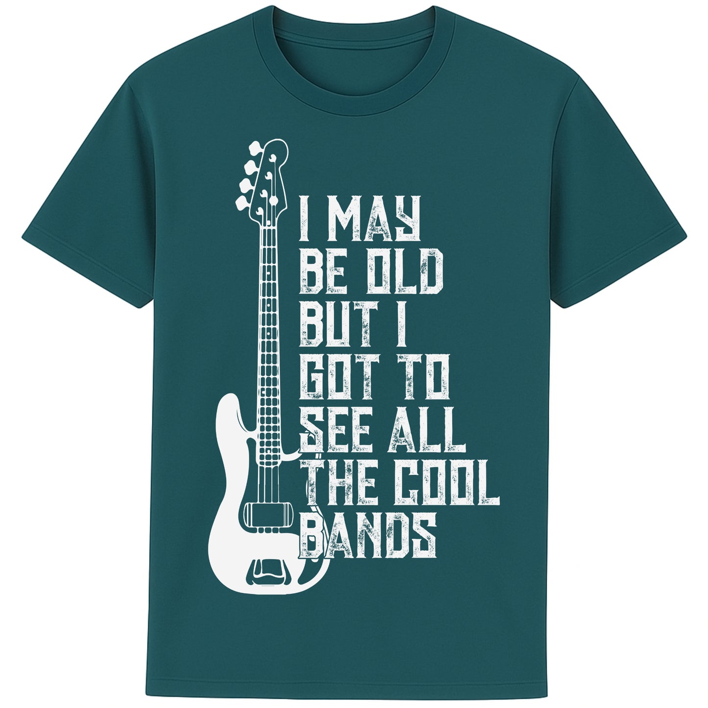 A stargazer colour unisex t-shirt featuring distressed text "I May Be Old But I Saw All the Cool Bands" with a vintage electric bass guitar graphic, perfect for music lovers and retro style fans