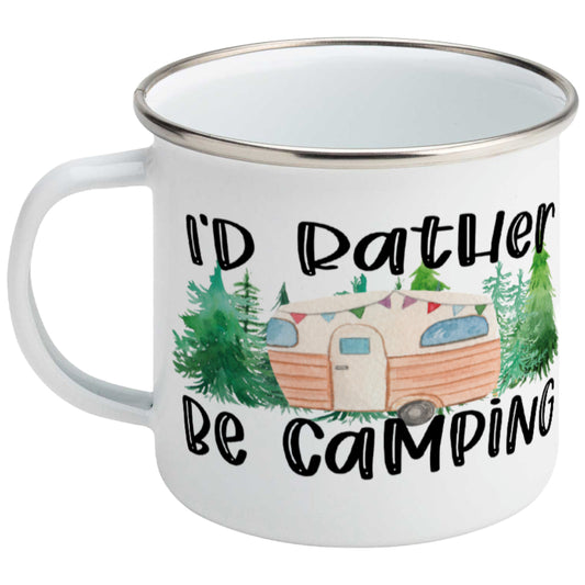 I'd Rather Be Camping outdoor enamel mug featuring a vintage camper trailer surrounded by pine trees and colourful bunting, perfect for campers, hikers, caravan lovers, and outdoor adventures.