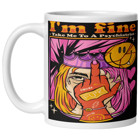 I'm Fine Dark Humour Mug featuring a colourful pop-art smiley face and sarcastic slogan, funny sarcastic coffee mug for lovers of dark humour and alternative art.