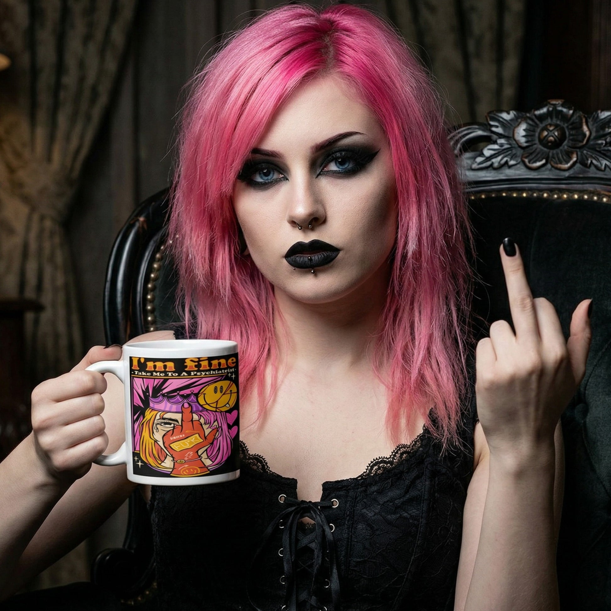 Woman with pink hair holding the I'm Fine Dark Humour Mug featuring a colourful pop-art graphic while making a rude gesture, lifestyle mockup for a funny sarcastic coffee mug.