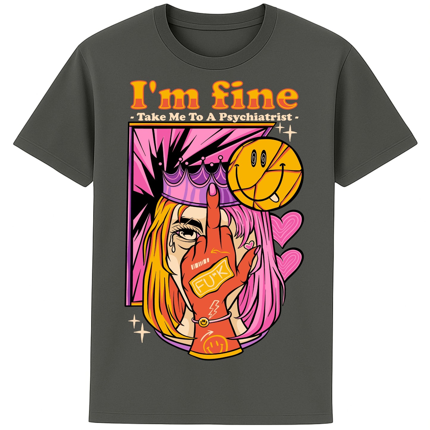 Anthracite colour I'm Fine Take Me To A Psychiatrist T-shirt featuring a colourful pop-art face with a sarcastic slogan, funny dark humour graphic tee for alternative fashion lovers.