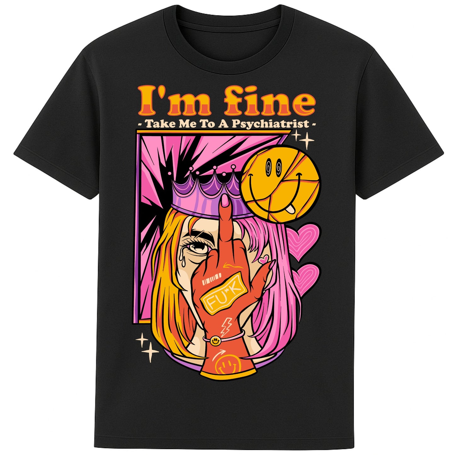 Black I'm Fine Take Me To A Psychiatrist T-shirt featuring a colourful pop-art face with a sarcastic slogan, funny dark humour graphic tee for alternative fashion lovers.
