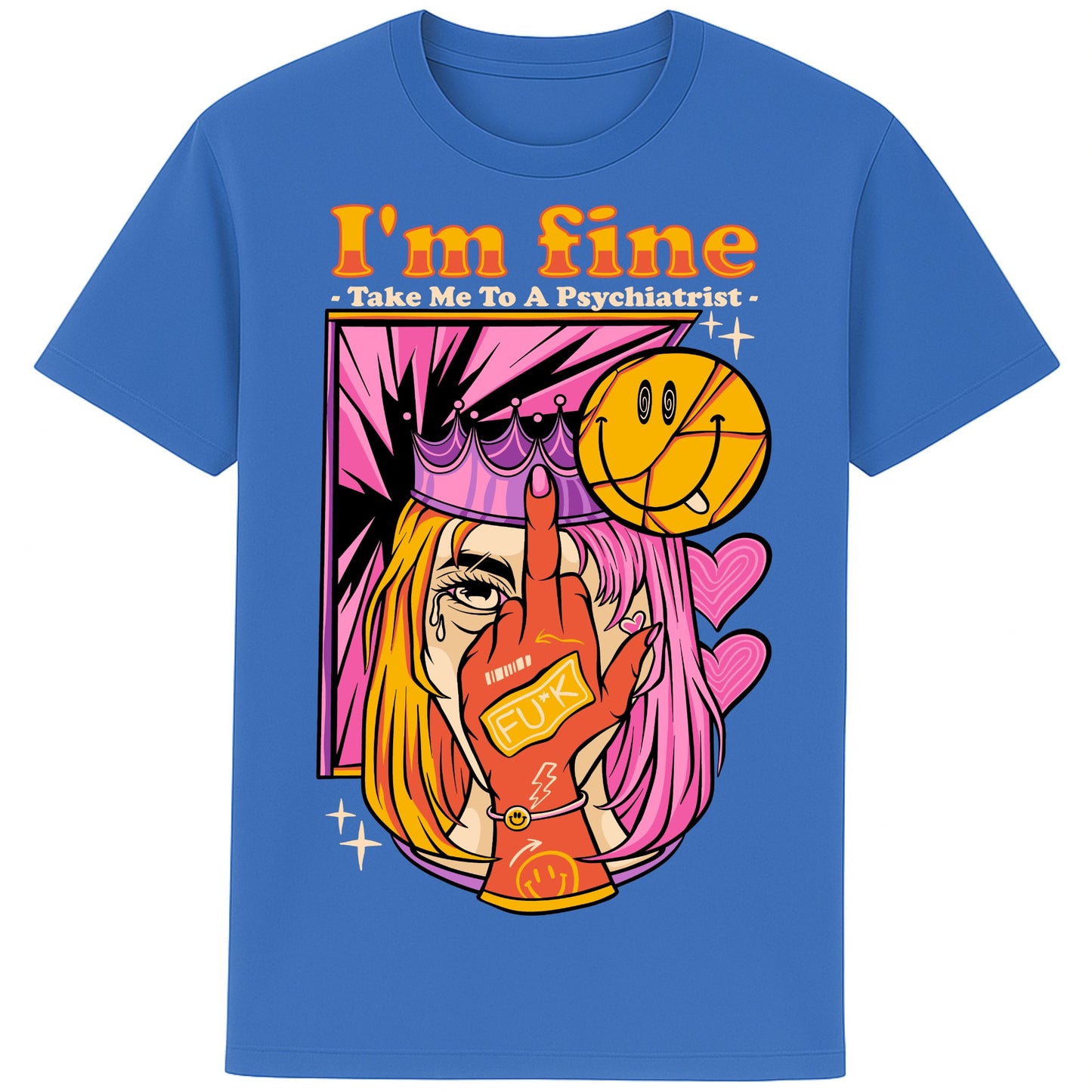 Mindful blue colour I'm Fine Take Me To A Psychiatrist T-shirt featuring a colourful pop-art face with a sarcastic slogan, funny dark humour graphic tee for alternative fashion lovers.