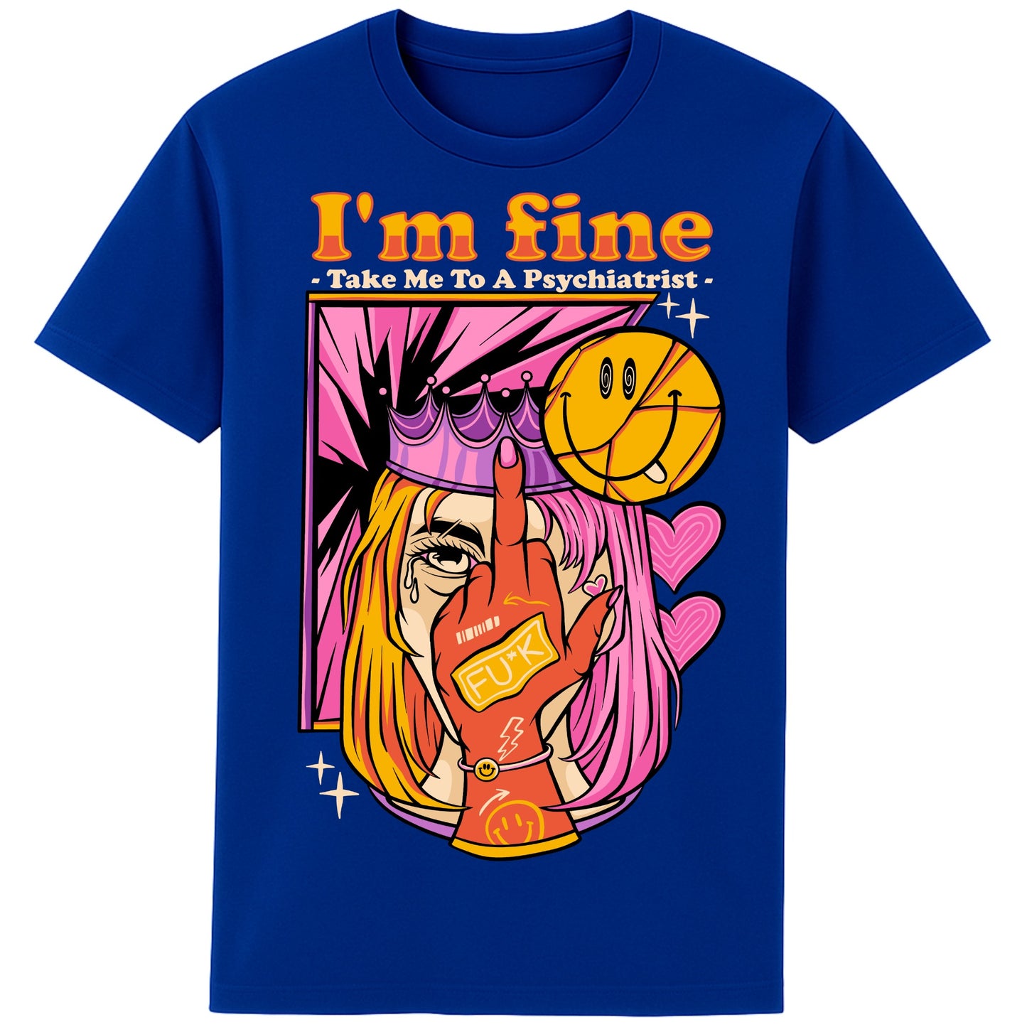 Blue I'm Fine Take Me To A Psychiatrist T-shirt featuring a colourful pop-art face with a sarcastic slogan, funny dark humour graphic tee for alternative fashion lovers.