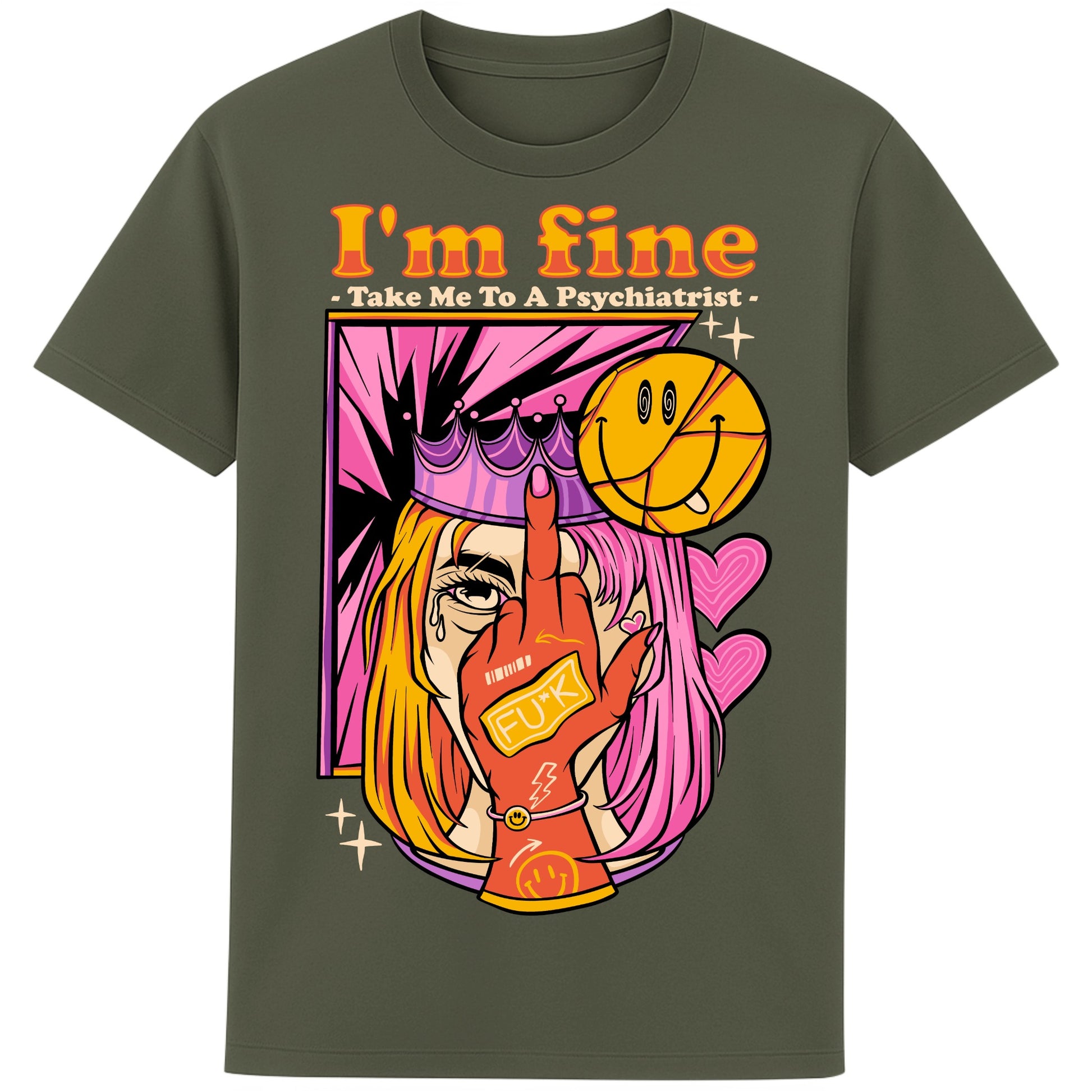 Edgy khaki pop-art “I’m Fine – Take Me To A Psychiatrist” graphic tee featuring a crying pop-art girl and bold text,