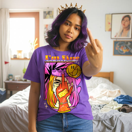 Woman wearing the I'm Fine Take Me To A Psychiatrist T-shirt featuring a colourful pop-art graphic and sarcastic slogan while making a rude gesture, lifestyle mockup for a funny dark humour graphic tee.