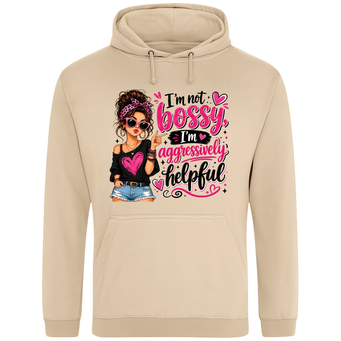 Nude colour unisex T-shirt featuring the funny "I'm Not Bossy, I'm Aggressively Helpful" slogan with a stylish illustrated woman graphic, a sarcastic graphic tee for confident women.