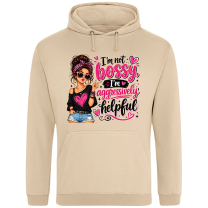 Nude colour unisex T-shirt featuring the funny "I'm Not Bossy, I'm Aggressively Helpful" slogan with a stylish illustrated woman graphic, a sarcastic graphic tee for confident women.