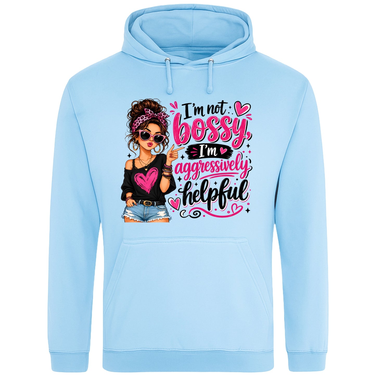 Sky blue unisex T-shirt featuring the funny "I'm Not Bossy, I'm Aggressively Helpful" slogan with a stylish illustrated woman graphic, a sarcastic graphic tee for confident women.