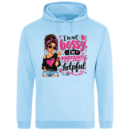 Sky blue unisex T-shirt featuring the funny "I'm Not Bossy, I'm Aggressively Helpful" slogan with a stylish illustrated woman graphic, a sarcastic graphic tee for confident women.