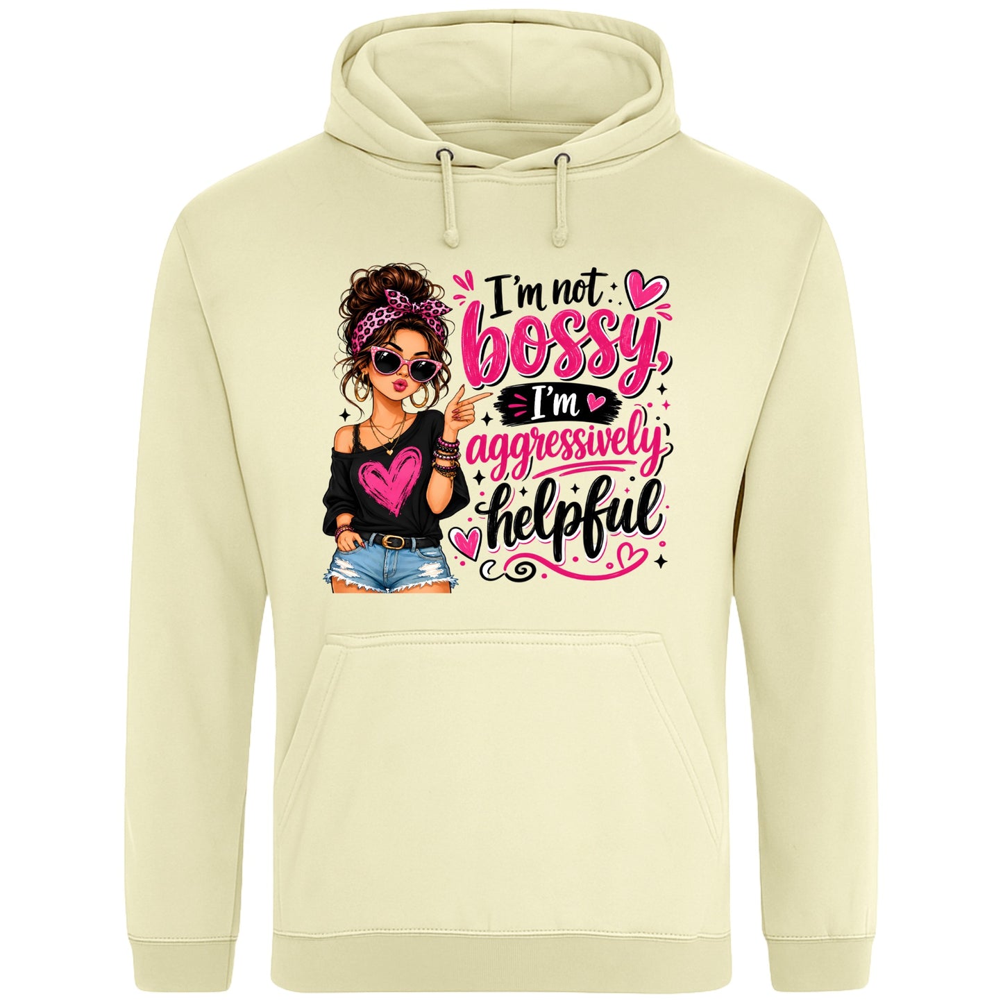 Vanilla milkshake colour unisex T-shirt featuring the funny "I'm Not Bossy, I'm Aggressively Helpful" slogan with a stylish illustrated woman graphic, a sarcastic graphic tee for confident women.