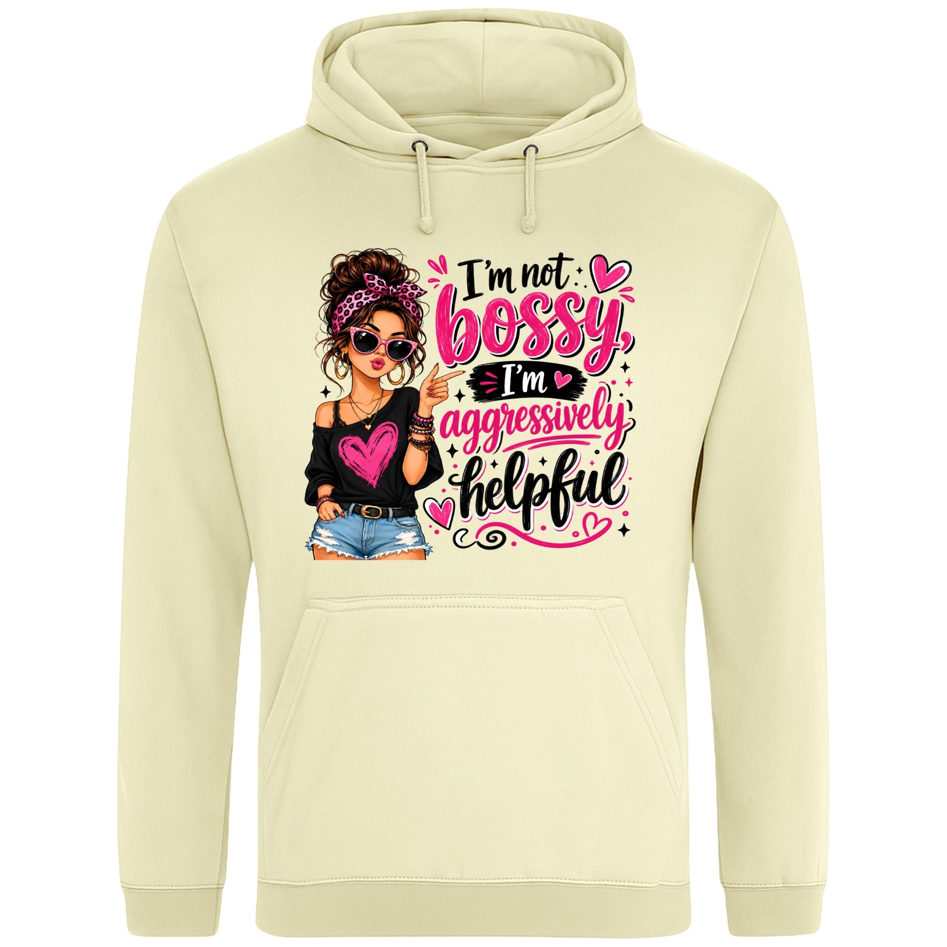 Vanilla milkshake colour unisex T-shirt featuring the funny "I'm Not Bossy, I'm Aggressively Helpful" slogan with a stylish illustrated woman graphic, a sarcastic graphic tee for confident women.