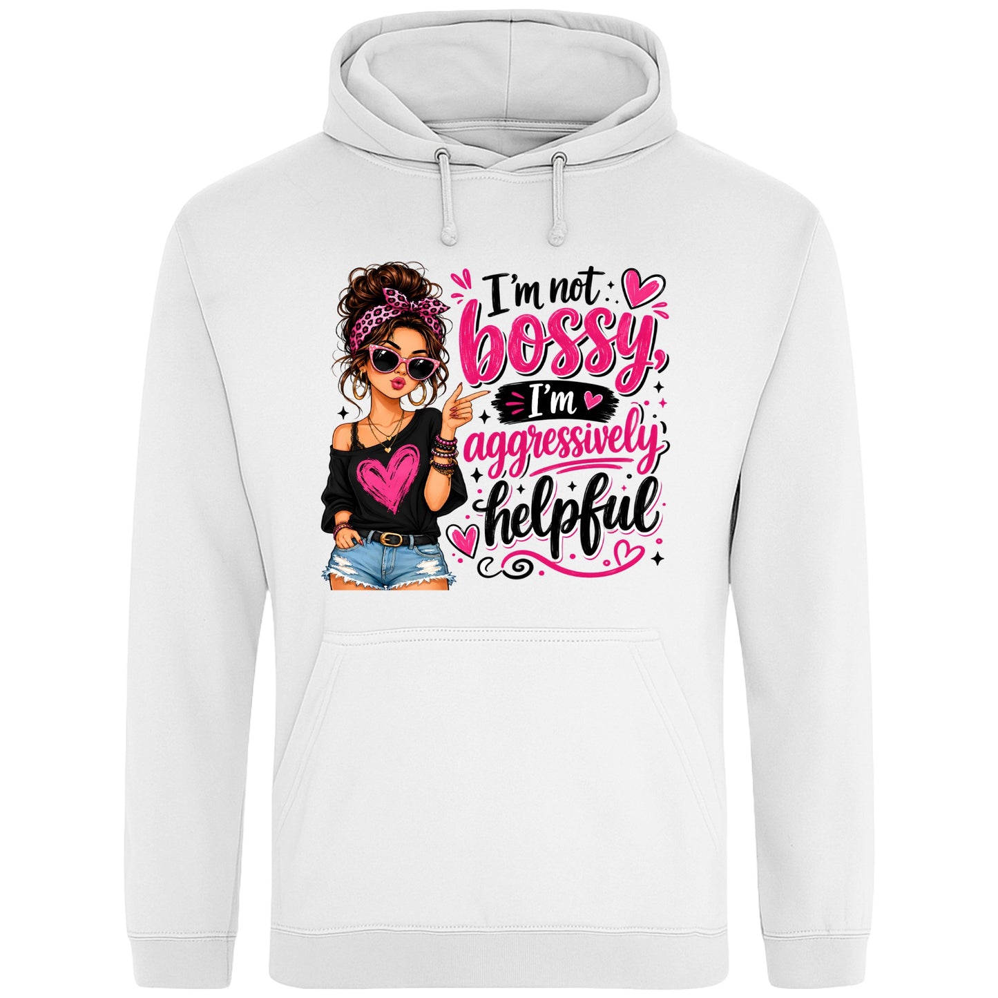White unisex T-shirt featuring the funny "I'm Not Bossy, I'm Aggressively Helpful" slogan with a stylish illustrated woman graphic, a sarcastic graphic tee for confident women.